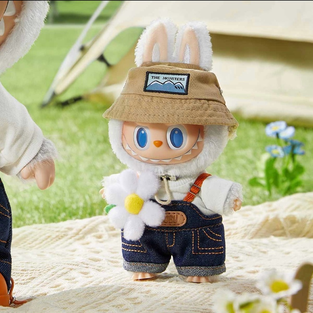 Plush Bunny Doll in White Fur with Tan Hat and Denim Overalls